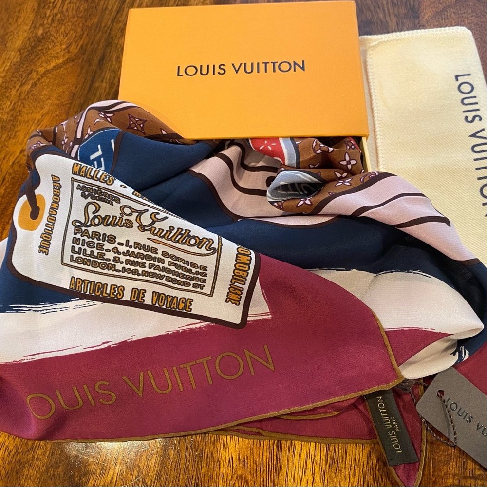 Louis Vuitton Monogram Trunk 100% Silk Scarf 26”x26” New With Tag - AUTHENTIC